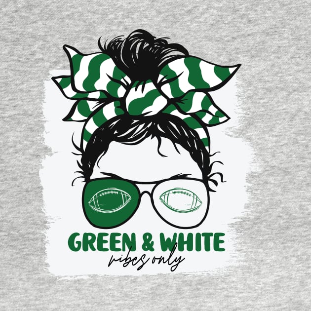 Green and White Vibes Only Football Mom Messy Hair Gameday by SLAG_Creative